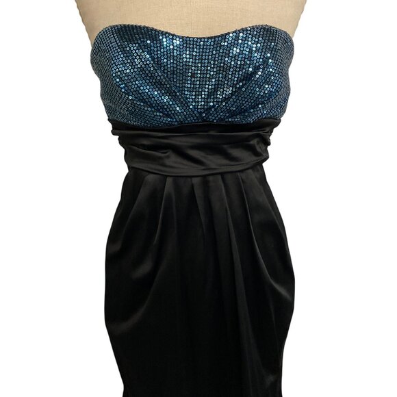 Ruby Rox Strapless Black Satin Mini Dress W/ Blue Sequins Bust & Bow Detail - Picture 1 of 8